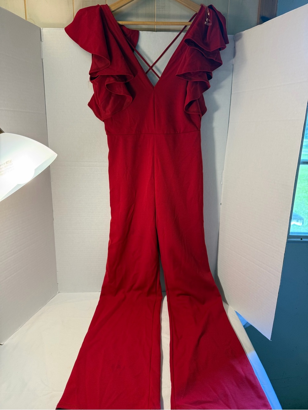 Red Ruffle-Sleeve V-Neck Jumpsuit
